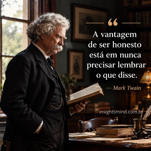 Imagem com a frase “A vantagem de ser honesto está em nunca precisar lembrar o que disse.”, de Mark Twain