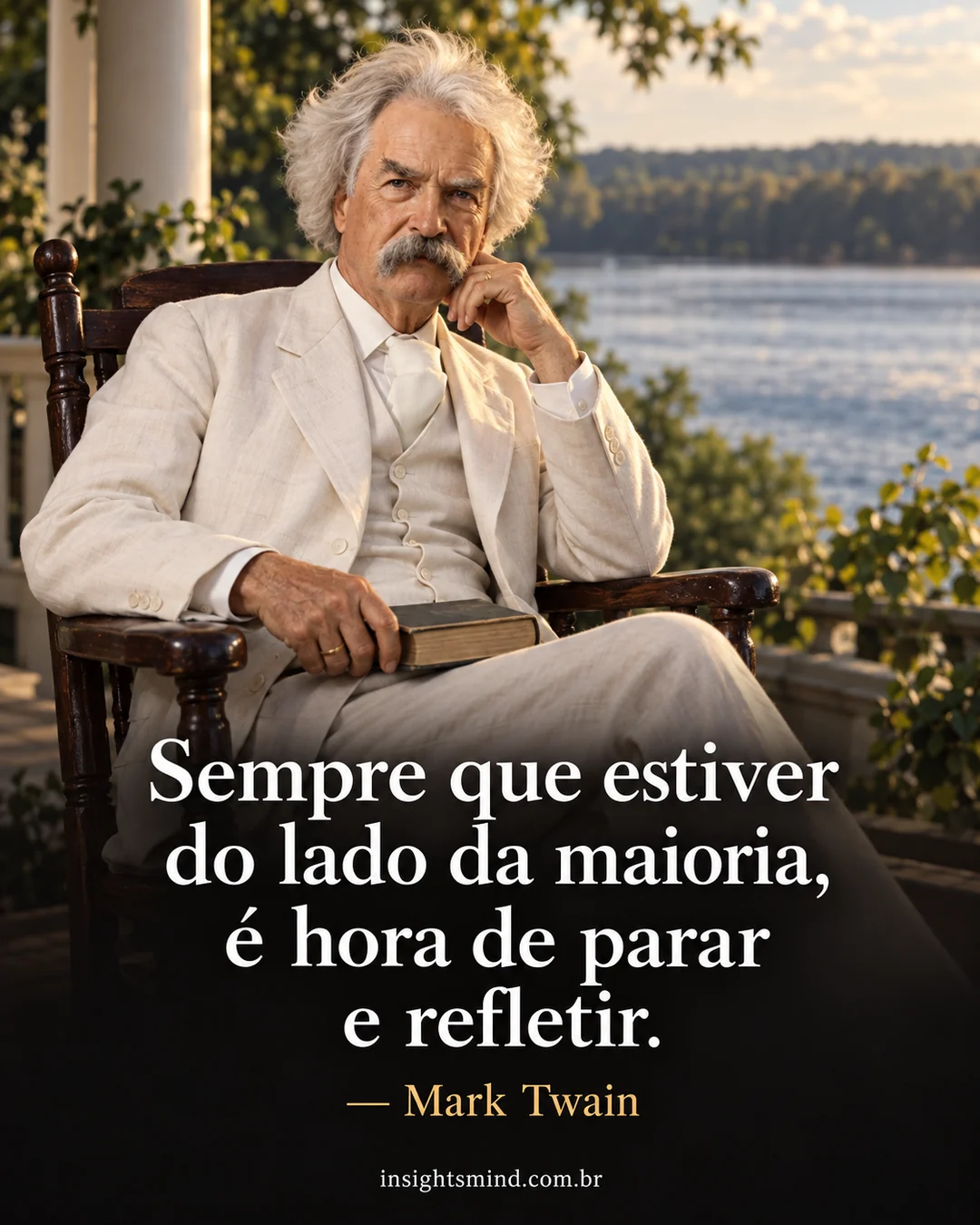Imagem com a frase “Sempre que estiver do lado da maioria, é hora de parar e refletir.”, de Mark Twain