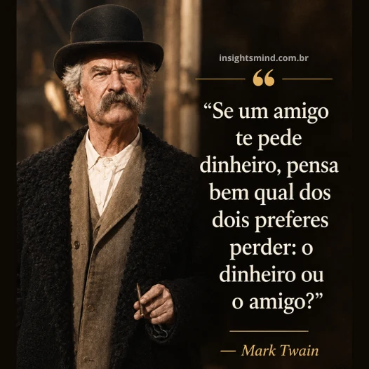 Imagem com a frase “Se um amigo te pede dinheiro, pensa bem qual dos dois preferes perder: o dinheiro ou o amigo?”, de Mark Twain