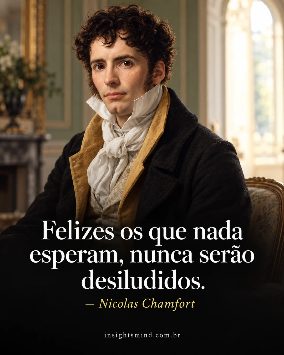 Imagem com a frase “Felizes os que nada esperam, nunca serão desiludidos.”, de Nicolas Chamfort. Retrato ilustrativo criado com ajuda de IA.
