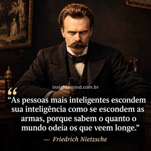 Imagem com a frase “As pessoas mais inteligentes escondem sua inteligência como se escondem as armas, porque sabem o quanto o mundo odeia os que veem longe.”, de Friedrich Nietzsche