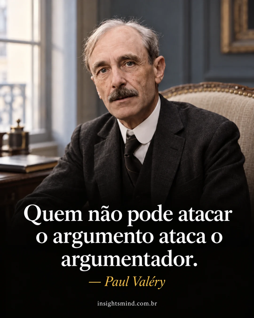 Imagem com a frase “Quem não pode atacar o argumento ataca o argumentador.”, de Paul Valéry. Retrato ilustrativo criado com ajuda de IA.