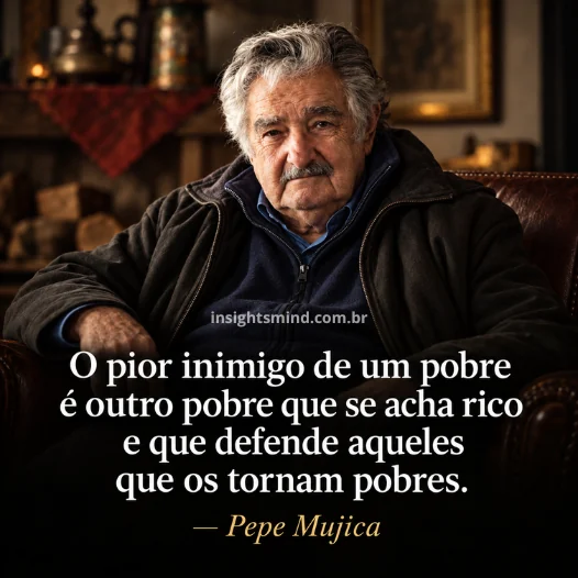 Imagem com a frase “O pior inimigo de um pobre é outro pobre que se acha rico e que defende aqueles que os tornam pobres.”, de Pepe Mujica