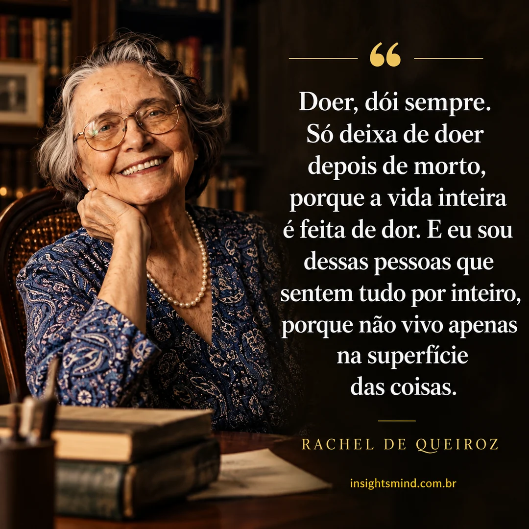 Imagem com a frase “Doer, dói sempre. Só deixa de doer depois de morto, porque a vida inteira é feita de dor. E eu sou dessas pessoas que sentem tudo por inteiro, porque não vivo apenas na superfície das coisas.”, de Rachel de Queiroz