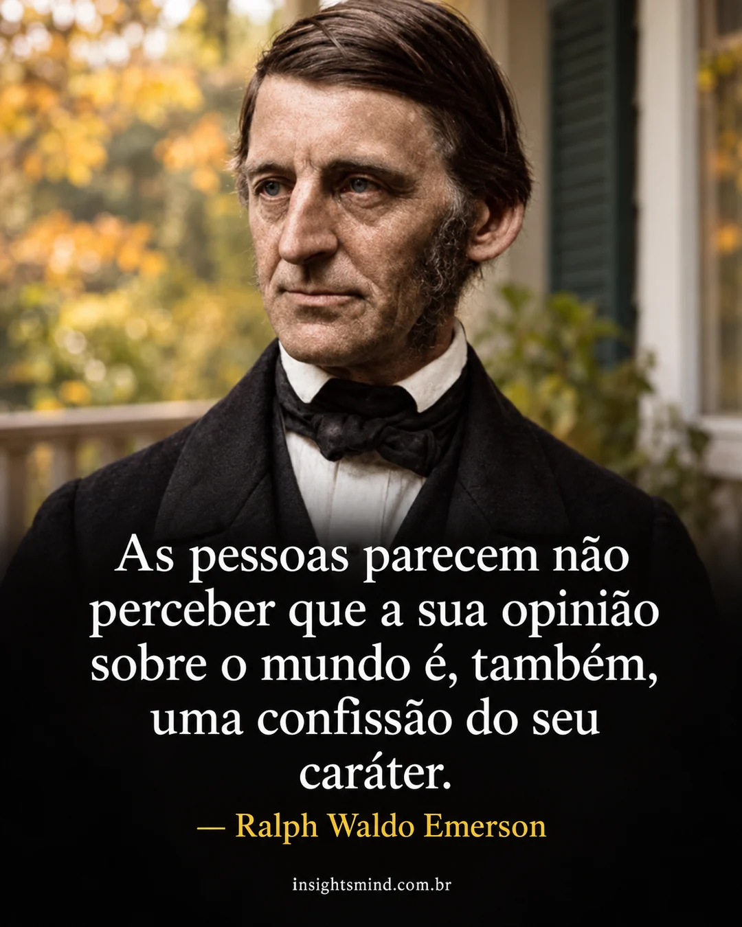 Imagem com a frase “As pessoas parecem não perceber que a sua opinião sobre o mundo é, também, uma confissão do seu caráter.”, de Ralph Waldo Emerson. Retrato ilustrativo criado com ajuda de IA.