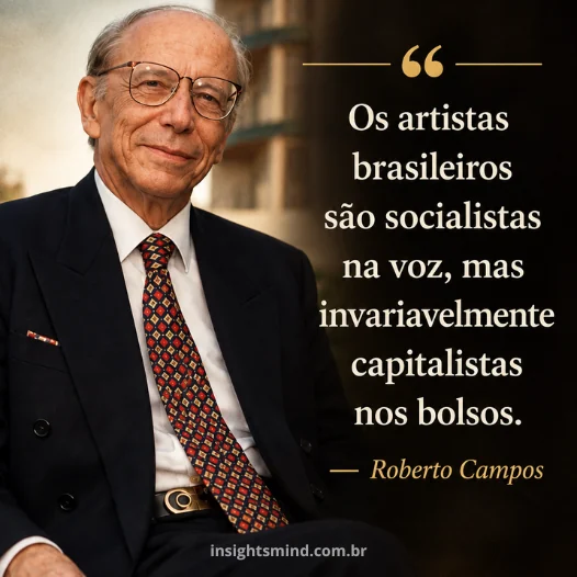Imagem com a frase “Os artistas brasileiros são socialistas na voz, mas invariavelmente capitalistas nos bolsos.”, de Roberto Campos