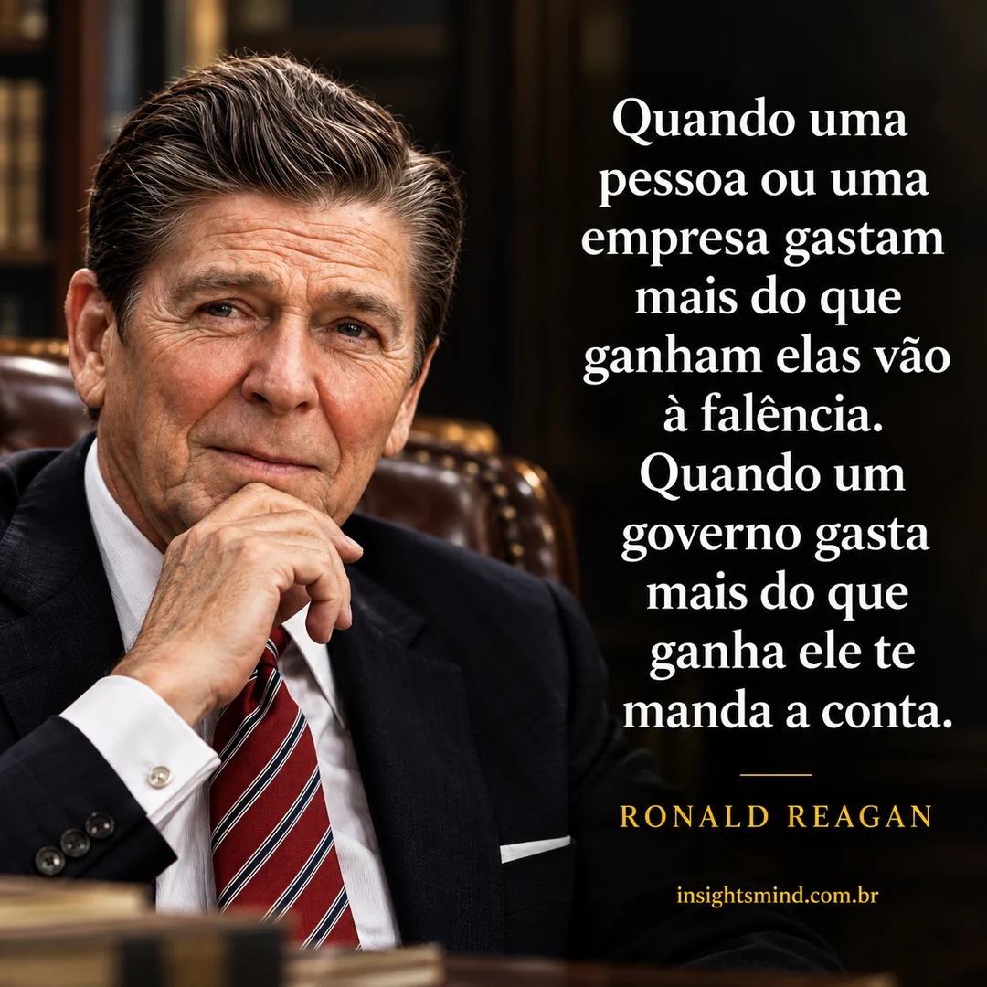 Imagem com a frase “Quando uma pessoa ou uma empresa gastam mais do que ganham elas vão à falência. Quando um governo gasta mais do que ganha ele te manda a conta.”, de Ronald Reagan