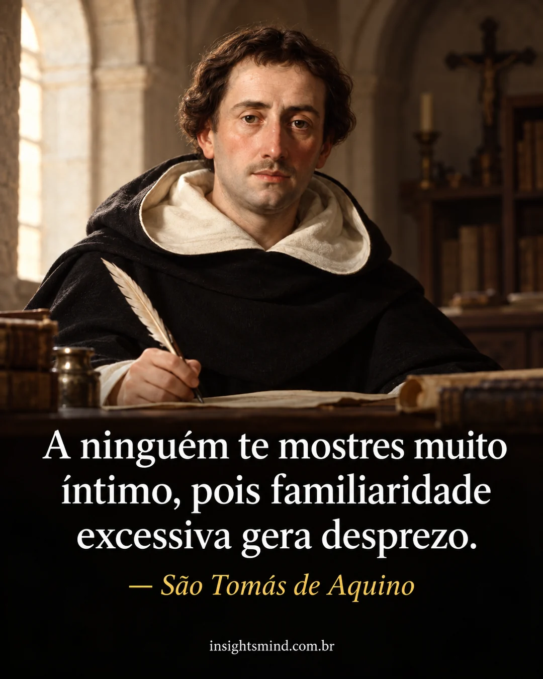 Imagem com a frase “A ninguém te mostres muito íntimo, pois familiaridade excessiva gera desprezo.”, de São Tomás de Aquino. Retrato ilustrativo criado com ajuda de IA.