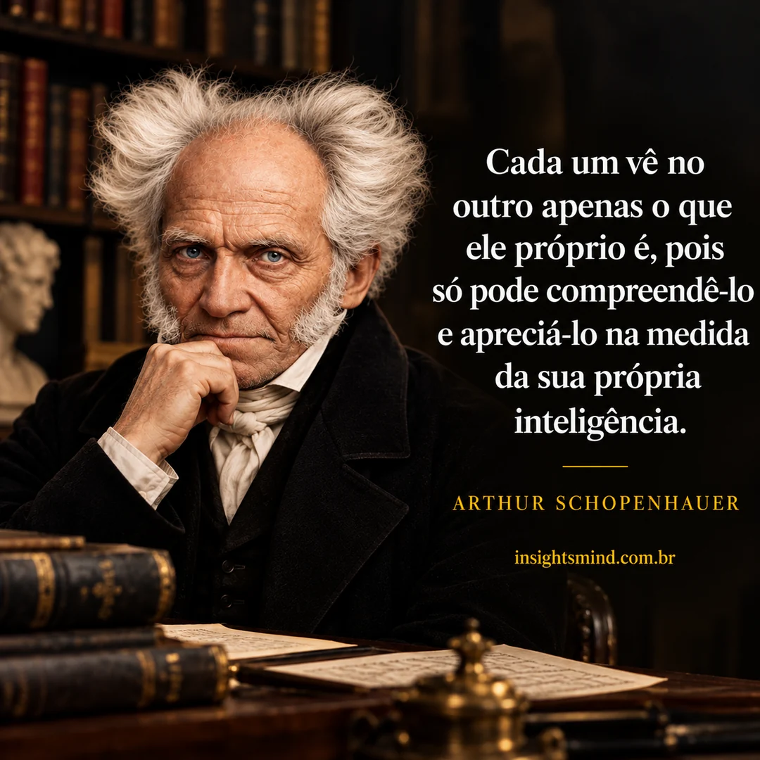 Imagem com a frase “Cada um vê no outro apenas o que ele próprio é, pois só pode compreendê-lo e apreciá-lo na medida da sua própria inteligência.”, de Arthur Schopenhauer