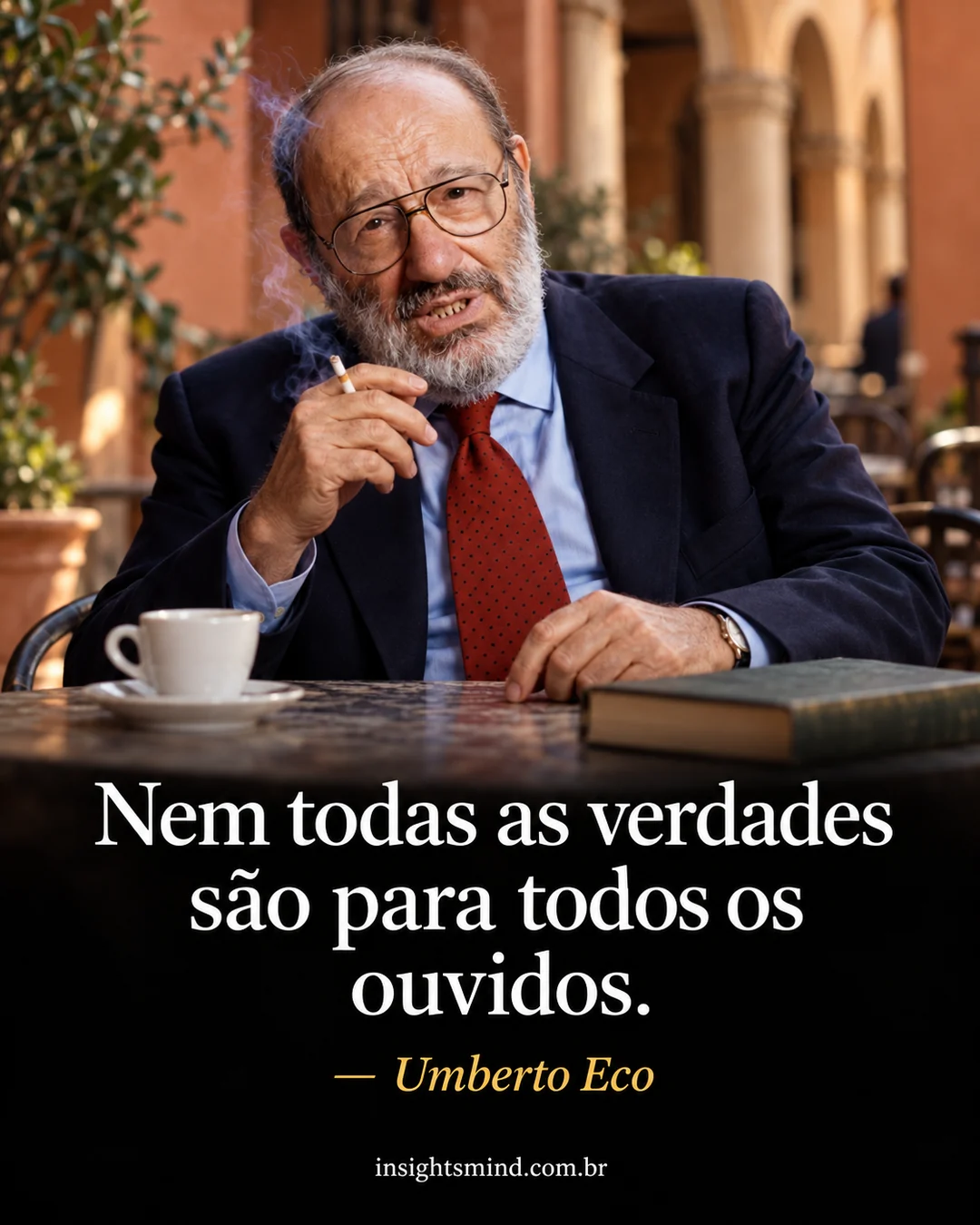 Imagem com a frase “Nem todas as verdades são para todos os ouvidos.”, de Umberto Eco. Retrato ilustrativo criado com ajuda de IA.
