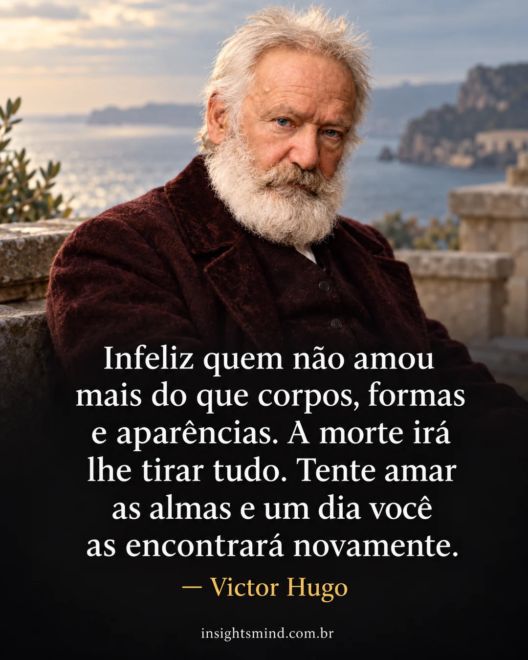 Imagem com a frase “Infeliz quem não amou mais do que corpos, formas e aparências. A morte irá lhe tirar tudo. Tente amar as almas e um dia você as encontrará novamente.”, de Victor Hugo