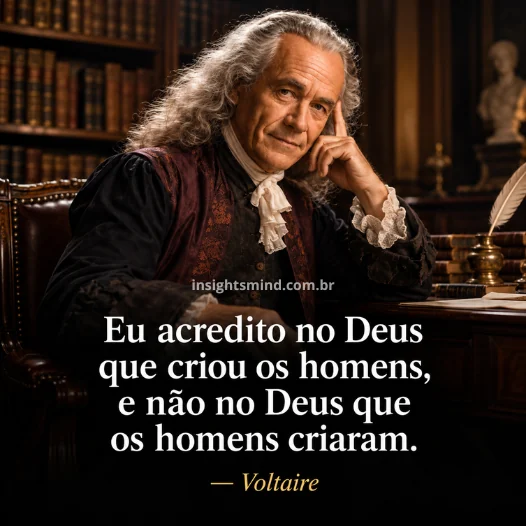 Imagem com a frase “Eu acredito no Deus que criou os homens, e não no Deus que os homens criaram.”, de Voltaire