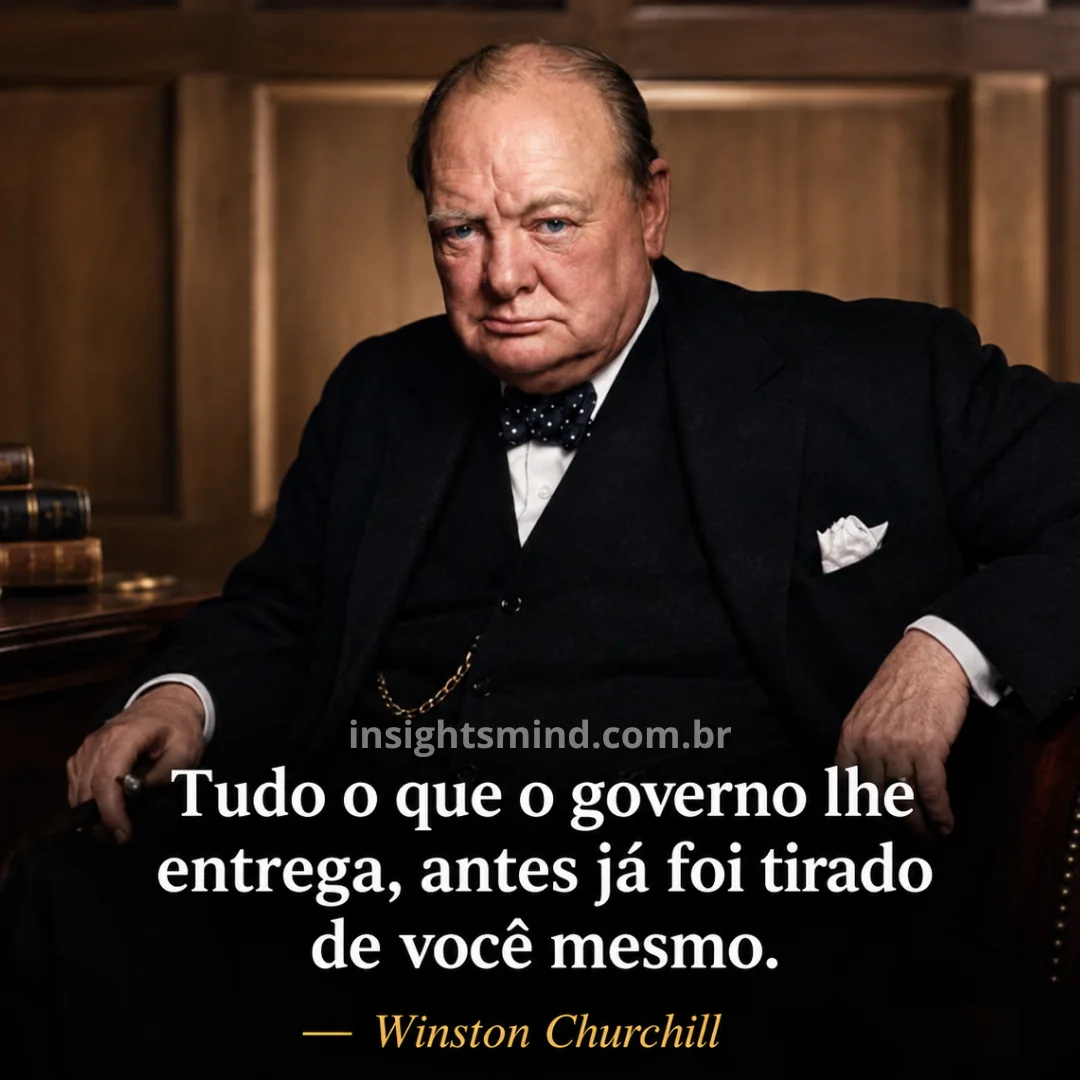 Imagem com a frase “Tudo o que o governo lhe entrega, antes já foi tirado de você mesmo.”, de Winston Churchill