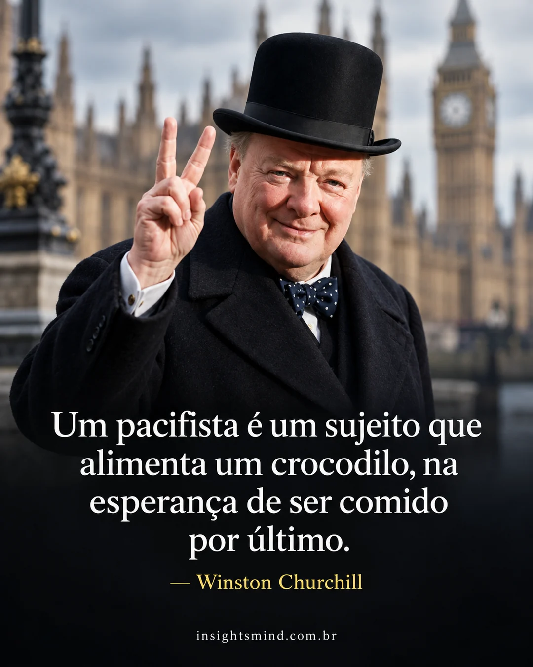 Imagem com a frase “Um pacifista é um sujeito que alimenta um crocodilo, na esperança de ser comido por último.”, de Winston Churchill