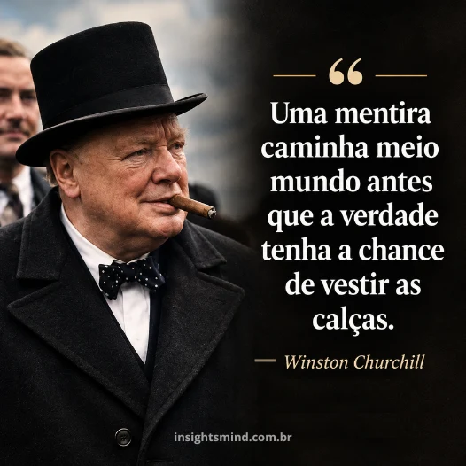 Imagem com a frase “Uma mentira caminha meio mundo antes que a verdade tenha a chance de vestir as calças.”, de Winston Churchill