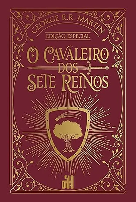 Capa da edição especial de O Cavaleiro dos Sete Reinos, de George R. R. Martin, em vinho e dourado