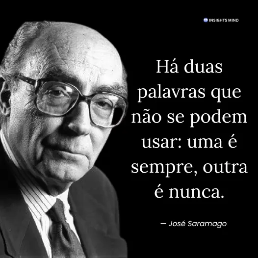 Frase de José Saramago sobre sabedoria e o uso das palavras sempre e nunca