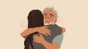 Ilustração de um abraço reconfortante entre duas pessoas, transmitindo acolhimento, apoio emocional e empatia.