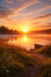 Nascer do sol refletido em um lago tranquilo, com luz dourada iluminando a paisagem, vegetação ao redor e um pequeno barco à margem, simbolizando recomeço, esperança e um novo dia.