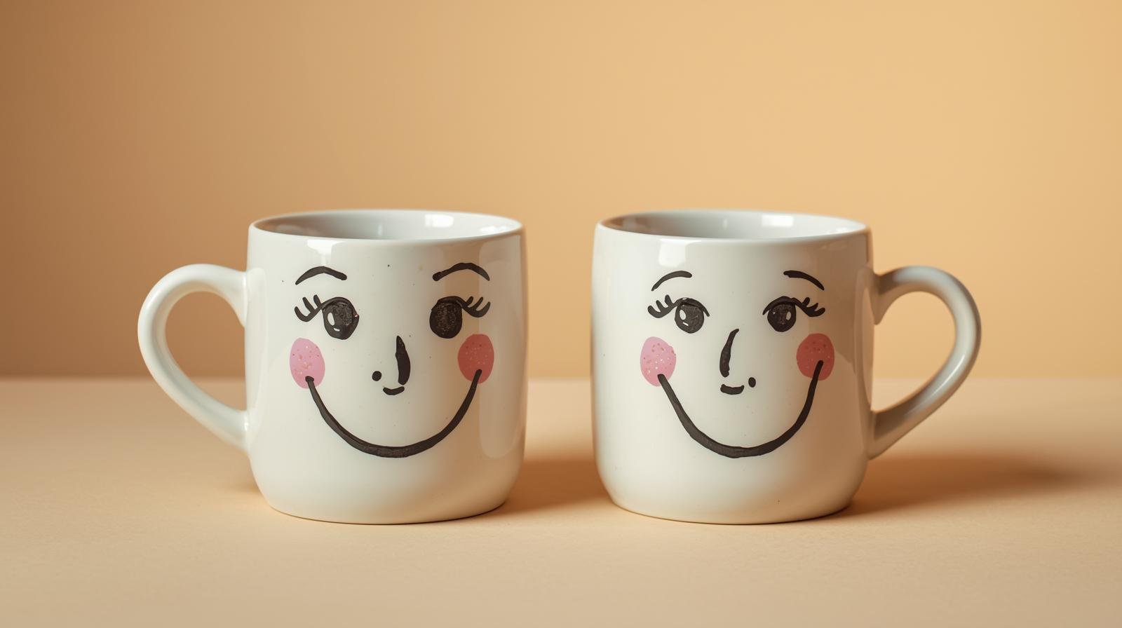 Duas xícaras de café brancas com rostos sorridentes desenhados, transmitindo alegria, bom humor e motivação de forma divertida.