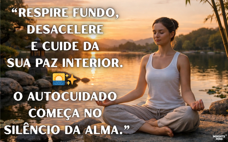 Mulher sentada em posição de meditação à beira de um lago ao pôr do sol, com expressão serena e olhos fechados.