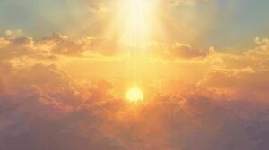 Raios de sol surgindo entre nuvens douradas ao amanhecer, representando a luz de Deus, fé, paz e um novo dia abençoado.