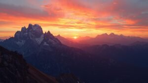Nascer do sol entre montanhas, com o céu em tons alaranjados e rosados, simbolizando esperança, fé e um novo começo abençoado.